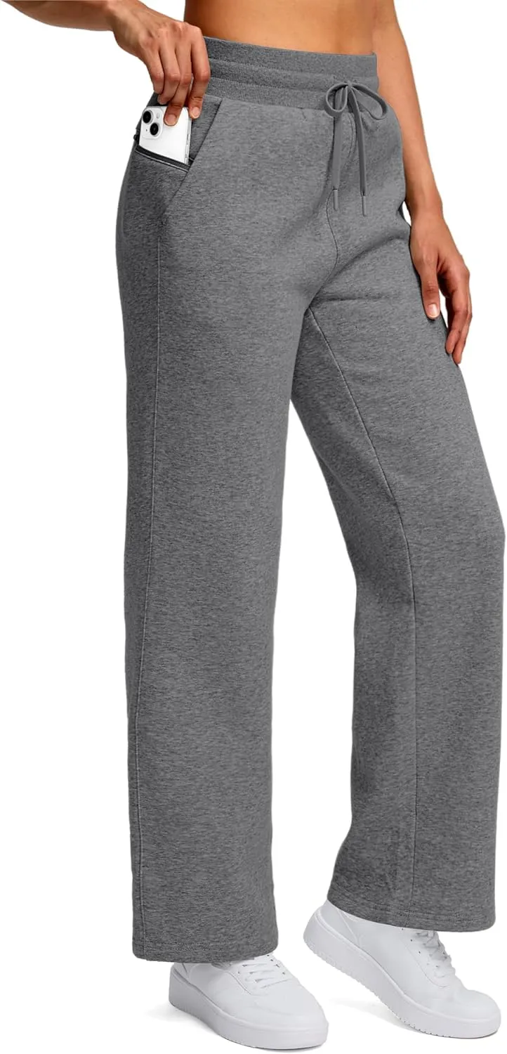 Women's Cotton Fleece Lined Straight leg Sweatpants with 3 Pocket 29" High Waisted Warm Sweatpants for Women