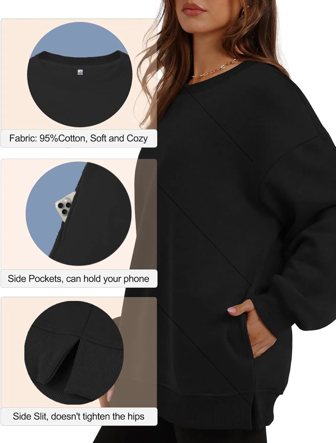 Womens Crew Neck Oversized Sweatshirt with Pockets Long Sleeve Pullover Cotton Hoodies Casual Tops Winter 2025