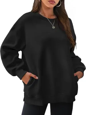 Womens Crew Neck Oversized Sweatshirt with Pockets Long Sleeve Pullover Cotton Hoodies Casual Tops Winter 2025