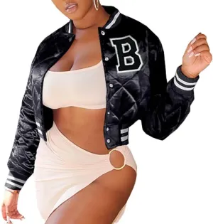 Women's Cropped Quilted Jacket Casual Button Down Printed Shiny Varsity Bomber Jacket with Pockets