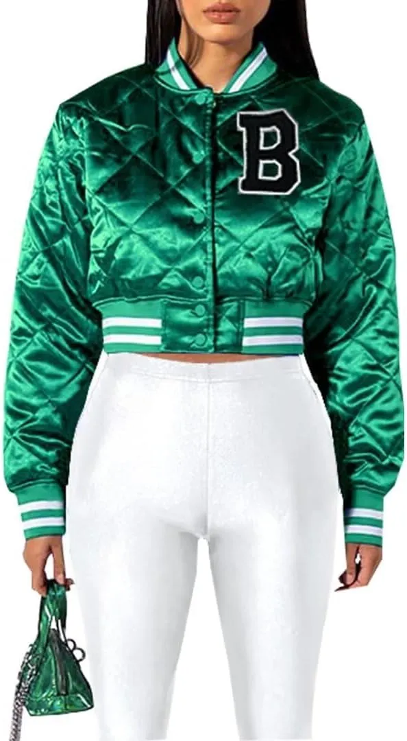 Women's Cropped Quilted Jacket Casual Button Down Printed Shiny Varsity Bomber Jacket with Pockets