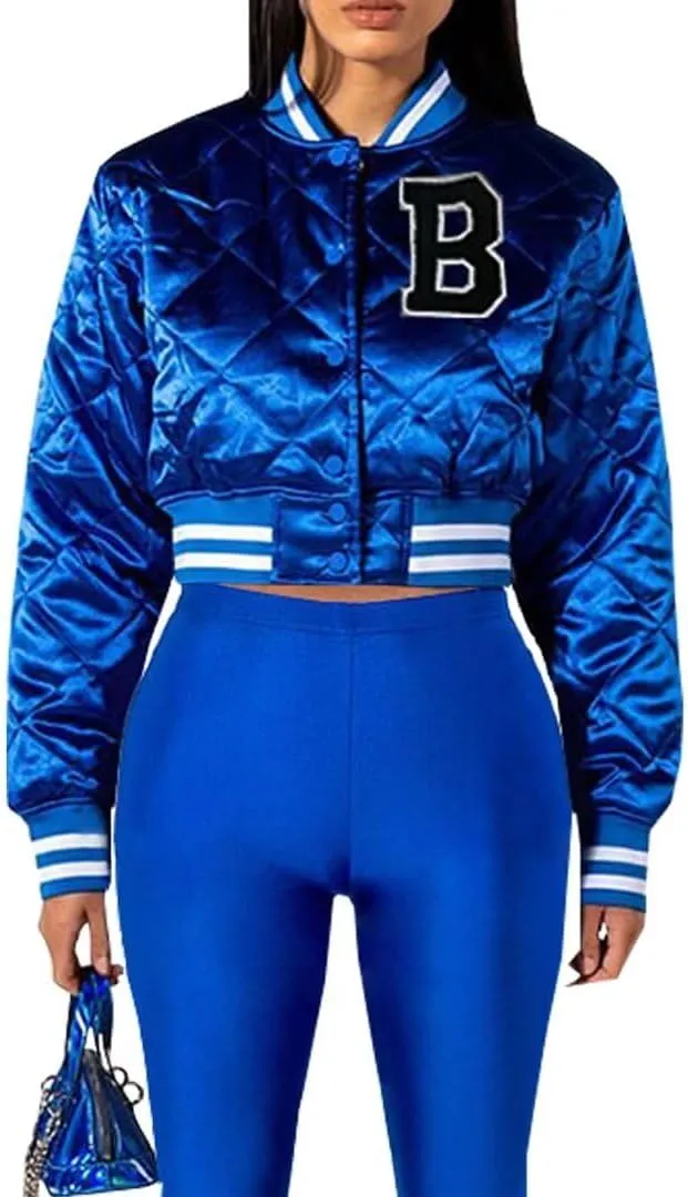 Women's Cropped Quilted Jacket Casual Button Down Printed Shiny Varsity Bomber Jacket with Pockets