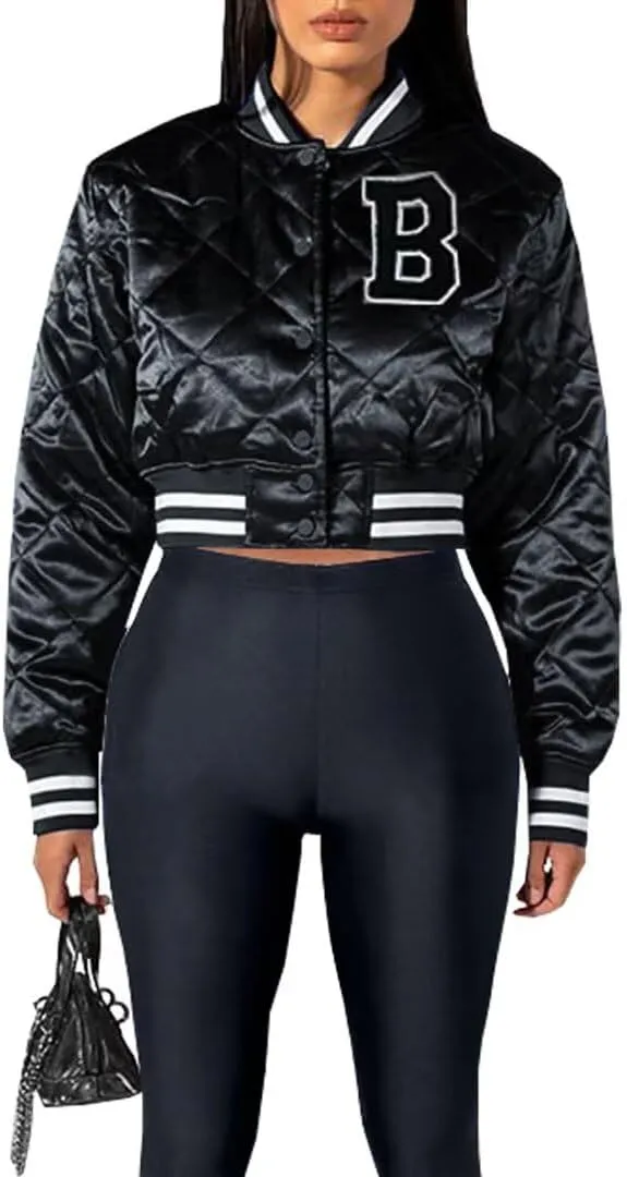 Women's Cropped Quilted Jacket Casual Button Down Printed Shiny Varsity Bomber Jacket with Pockets