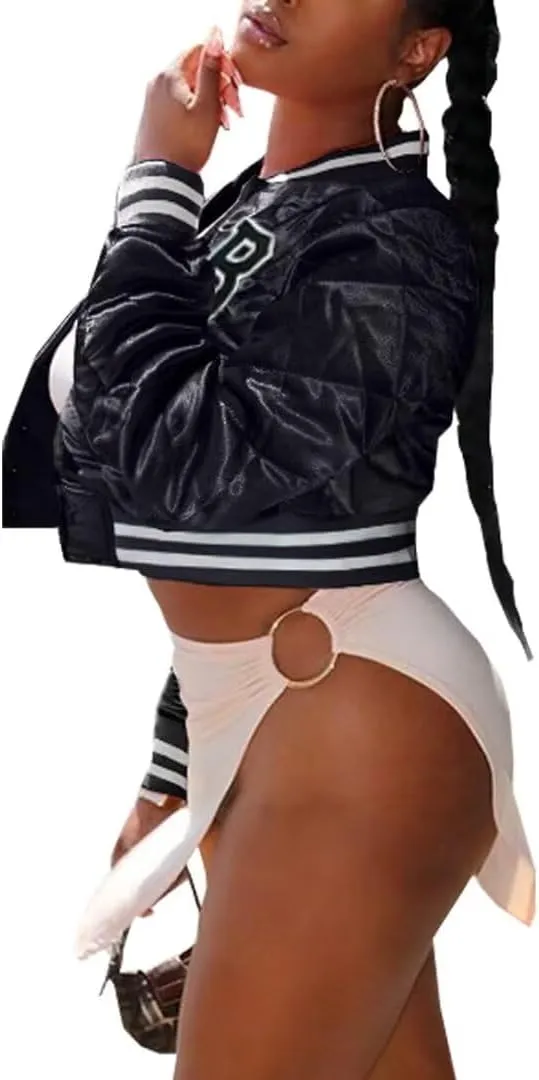 Women's Cropped Quilted Jacket Casual Button Down Printed Shiny Varsity Bomber Jacket with Pockets