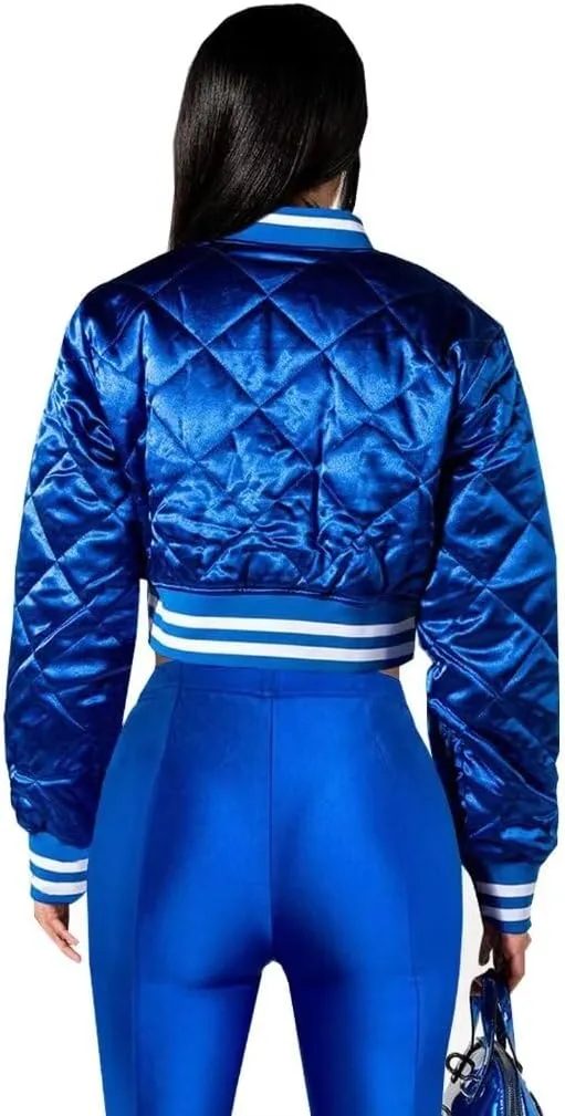 Women's Cropped Quilted Jacket Casual Button Down Printed Shiny Varsity Bomber Jacket with Pockets