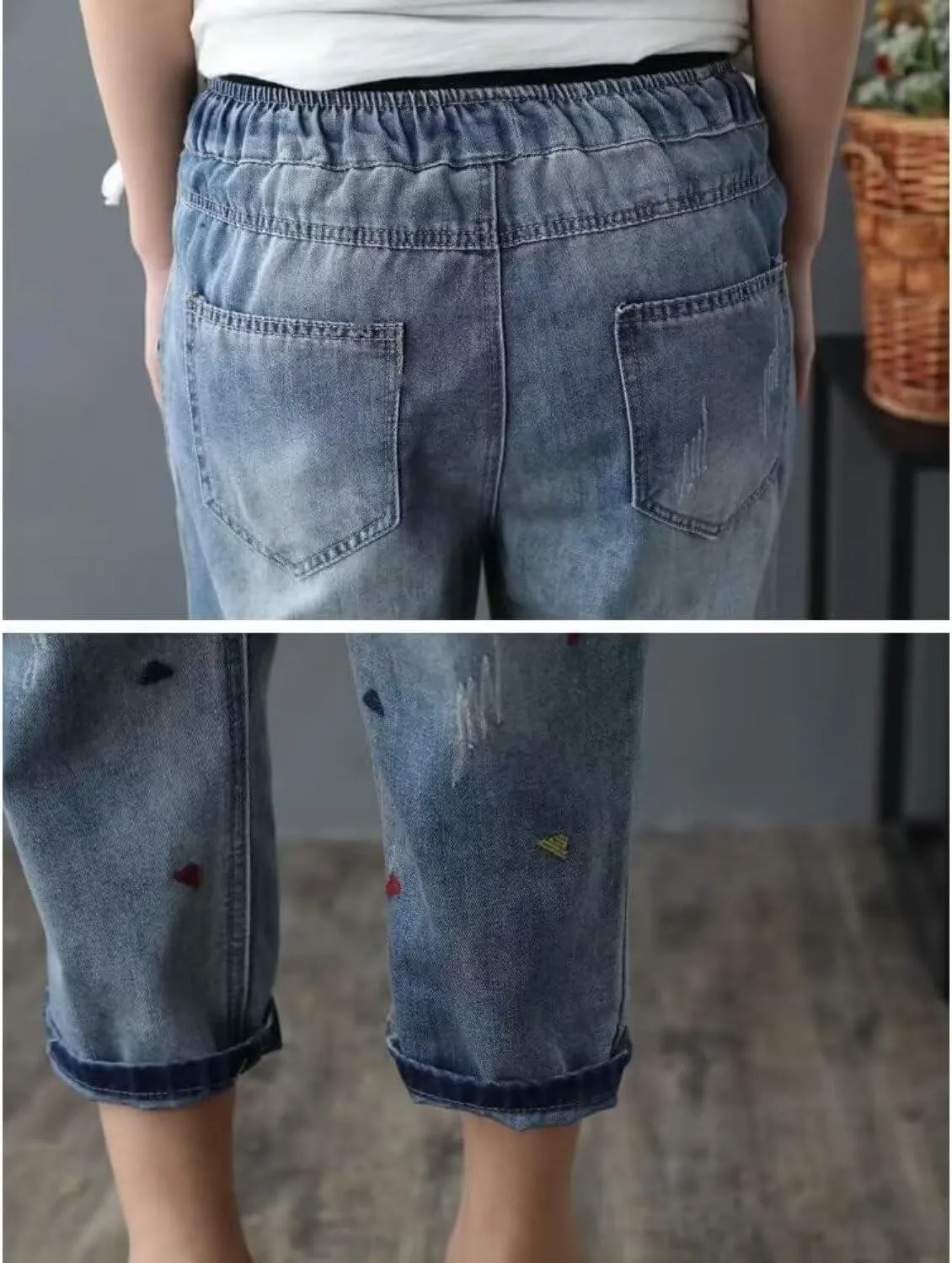 Womens Elastic Waist Cropped Denim Jeans Loose Drawstring Floral Embroidered Capri Jeans Cotton Harem Denim Pants