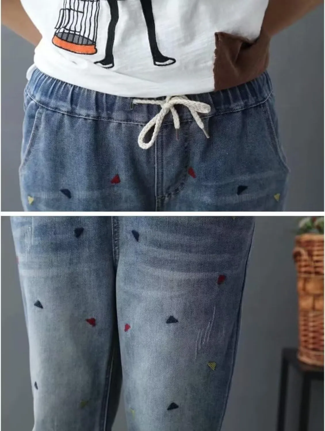 Womens Elastic Waist Cropped Denim Jeans Loose Drawstring Floral Embroidered Capri Jeans Cotton Harem Denim Pants