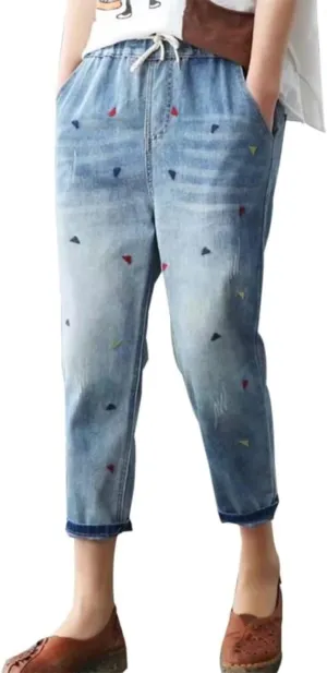 Womens Elastic Waist Cropped Denim Jeans Loose Drawstring Floral Embroidered Capri Jeans Cotton Harem Denim Pants