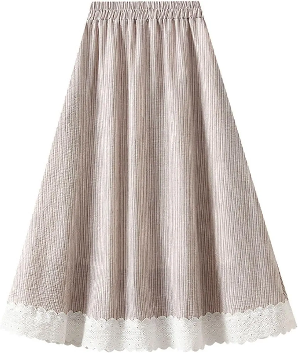 Women's Elegant Striped Midi Skirt High-Waisted Flowy Skirt with Lace Trim for Summer Casual Vacation