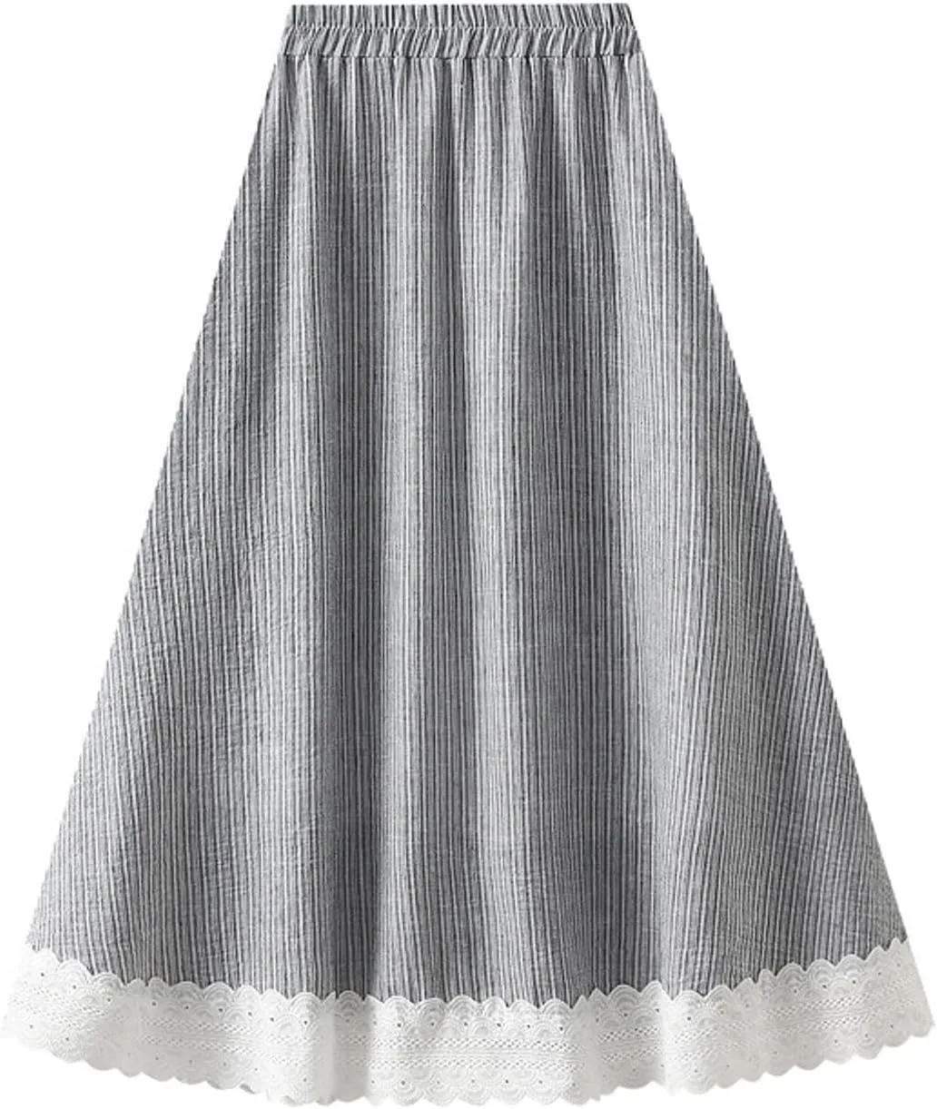 Women's Elegant Striped Midi Skirt High-Waisted Flowy Skirt with Lace Trim for Summer Casual Vacation