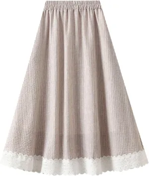 Women's Elegant Striped Midi Skirt High-Waisted Flowy Skirt with Lace Trim for Summer Casual Vacation