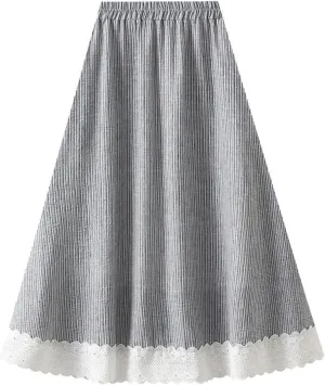 Women's Elegant Striped Midi Skirt High-Waisted Flowy Skirt with Lace Trim for Summer Casual Vacation