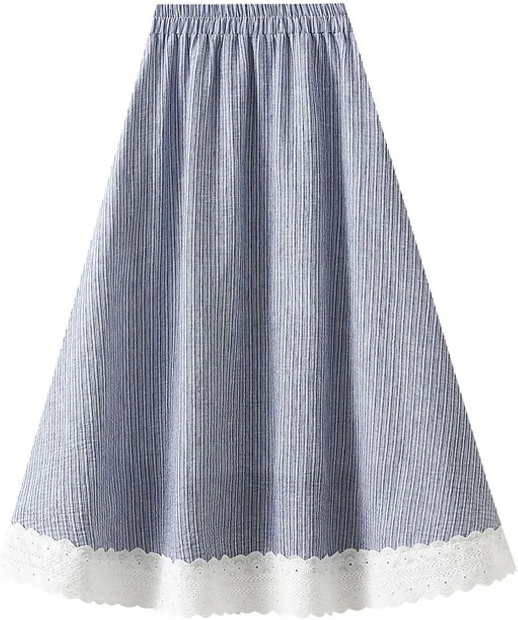 Women's Elegant Striped Midi Skirt High-Waisted Flowy Skirt with Lace Trim for Summer Casual Vacation