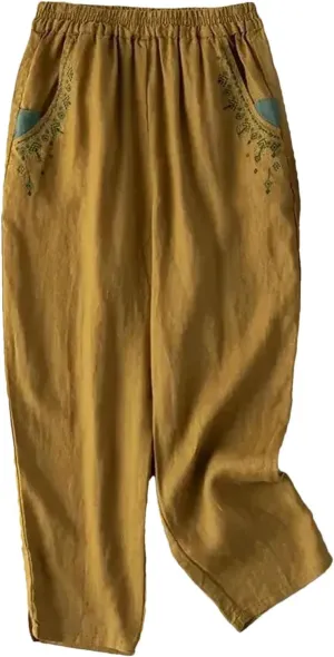 Women's Embroidery Linen Casual Trousers Elastic High Waist Loose Harem Pants