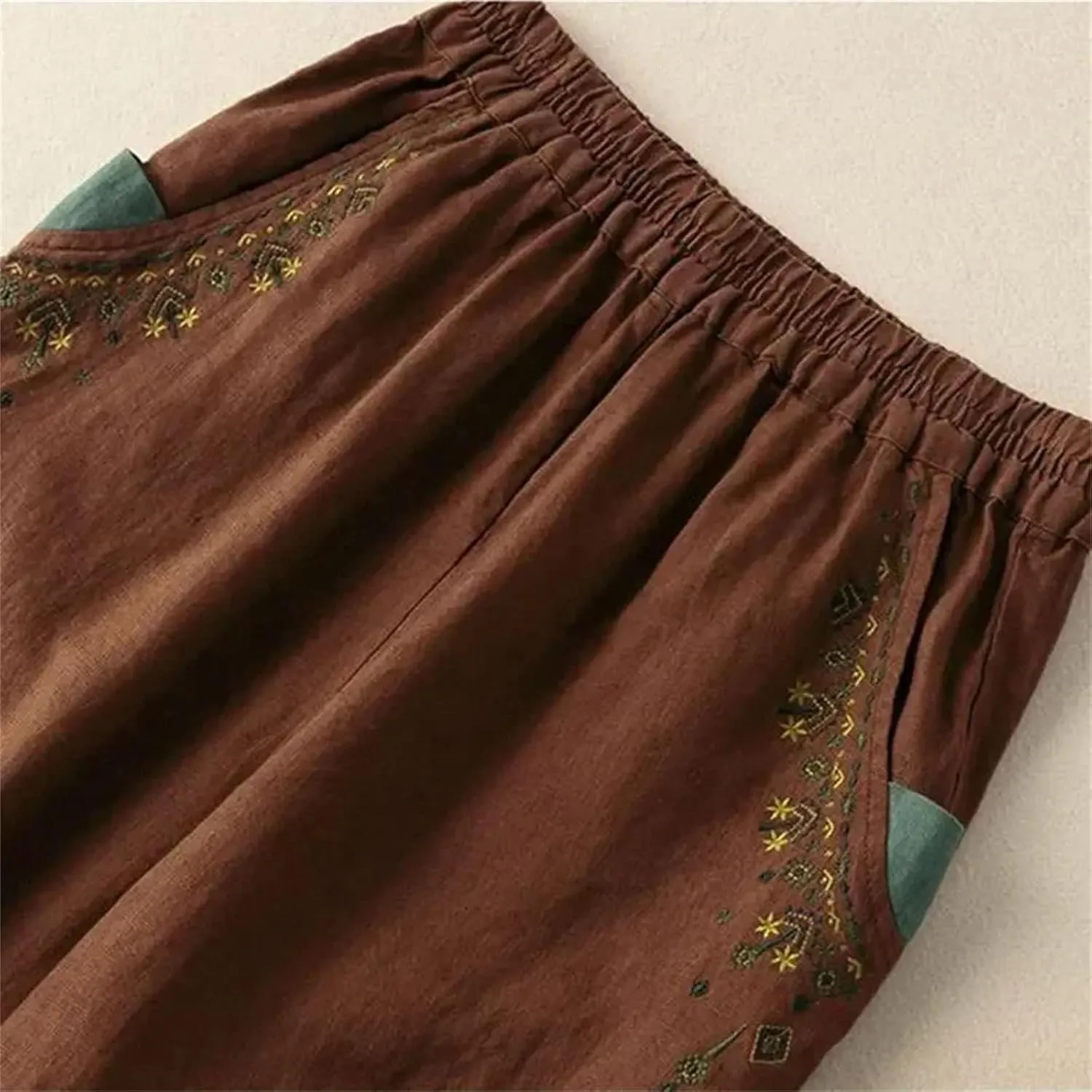 Women's Embroidery Linen Casual Trousers Elastic High Waist Loose Harem Pants