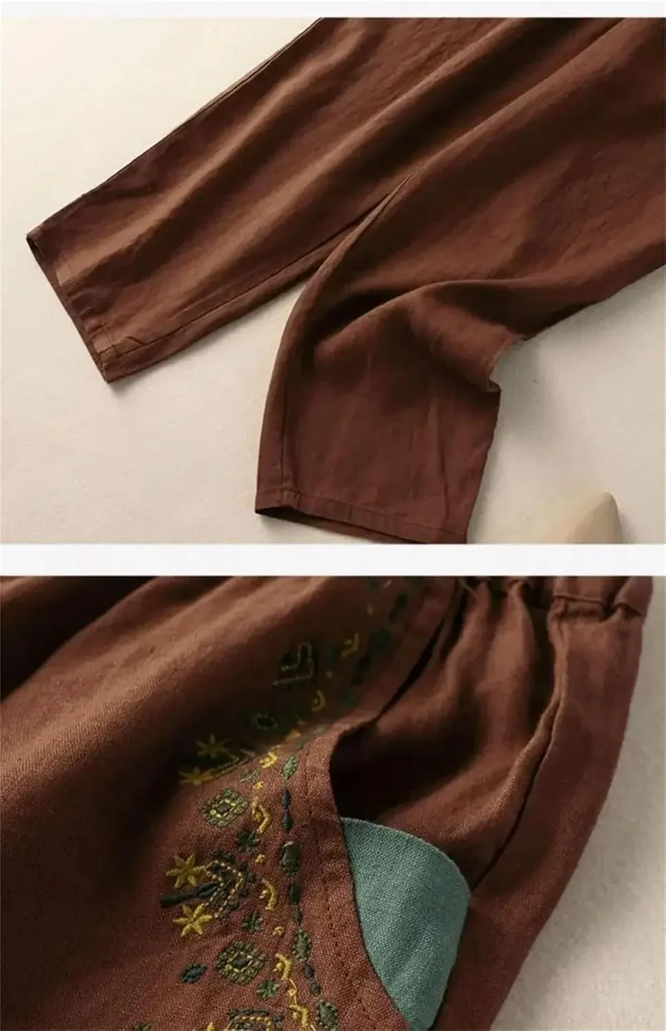 Women's Embroidery Linen Casual Trousers Elastic High Waist Loose Harem Pants