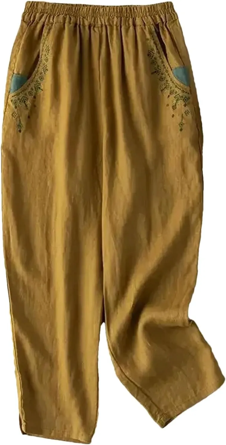 Women's Embroidery Linen Casual Trousers Elastic High Waist Loose Harem Pants