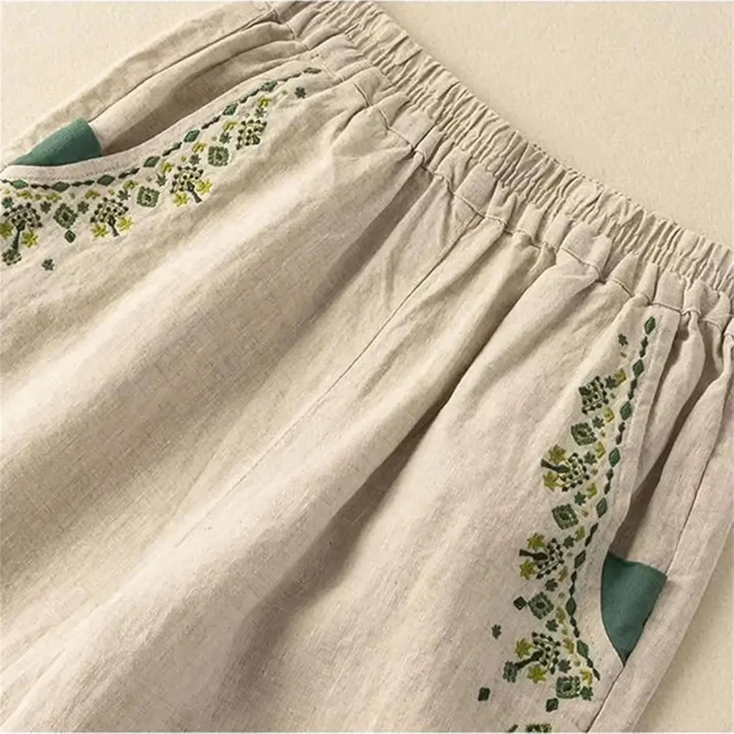 Women's Embroidery Linen Casual Trousers Elastic High Waist Loose Harem Pants