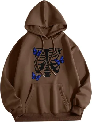 Womens Fall Oversized Print Hoodies Fleece Long Sleeve Sweatshirts Drawstring Pullover with Pocket Casual Outfits