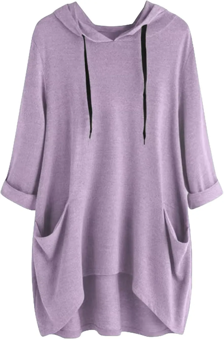 Women's Fashion Long Sleeve Hoodies Solid Color Sweatshirt Hooded Drawstring Pullover Top with Pocket Loose Clothes