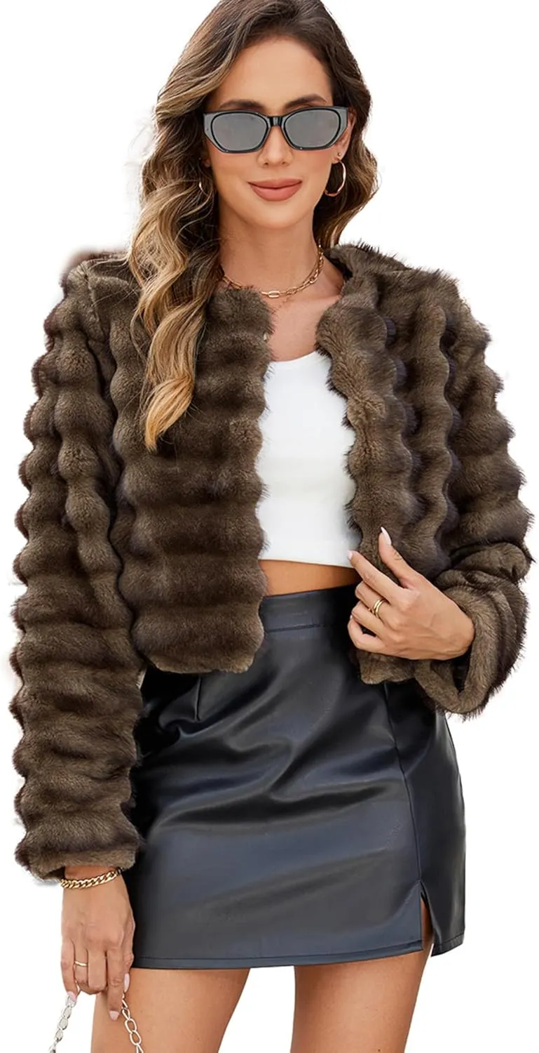 Womens Faux Fur Cropped Coats Fuzzy Long Sleeve Winter Jacket Open Front Cardigan Top Fluffy Warm Outwear with Pockets