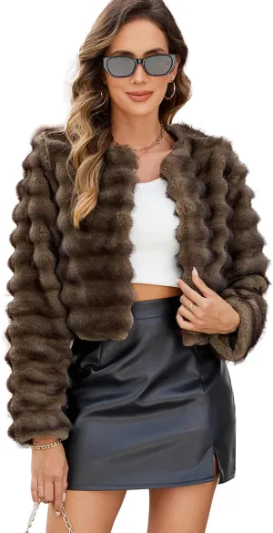 Womens Faux Fur Cropped Coats Fuzzy Long Sleeve Winter Jacket Open Front Cardigan Top Fluffy Warm Outwear with Pockets