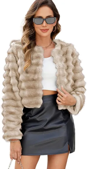Womens Faux Fur Cropped Coats Fuzzy Long Sleeve Winter Jacket Open Front Cardigan Top Fluffy Warm Outwear with Pockets