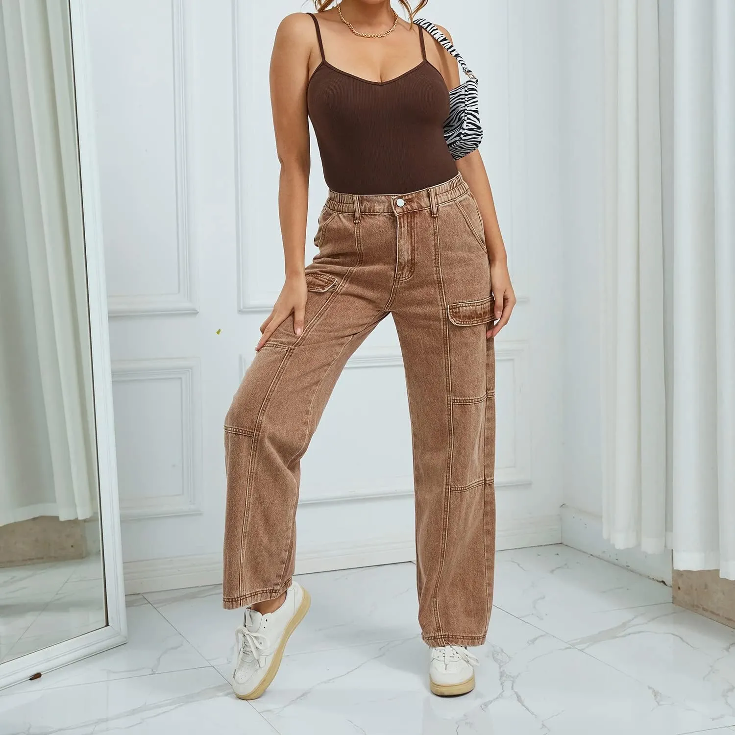 Womens High Waist Baggy Cargo Jeans Big Flap Pocket Relaxed Fit Straight Wide Leg Y2K Fashion Jeans