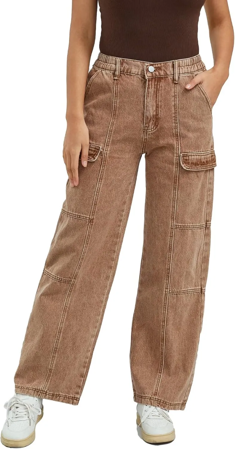Womens High Waist Baggy Cargo Jeans Big Flap Pocket Relaxed Fit Straight Wide Leg Y2K Fashion Jeans