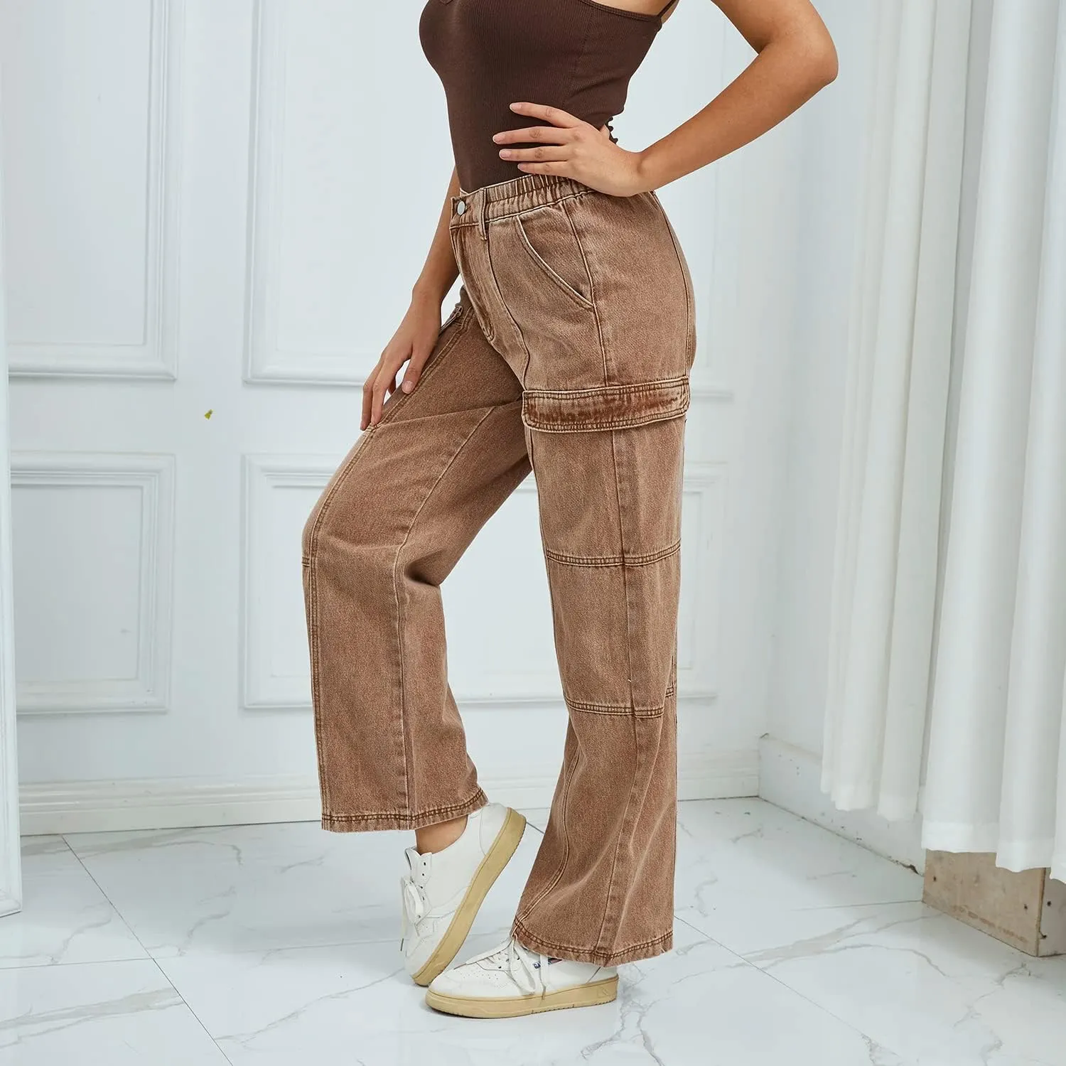 Womens High Waist Baggy Cargo Jeans Big Flap Pocket Relaxed Fit Straight Wide Leg Y2K Fashion Jeans