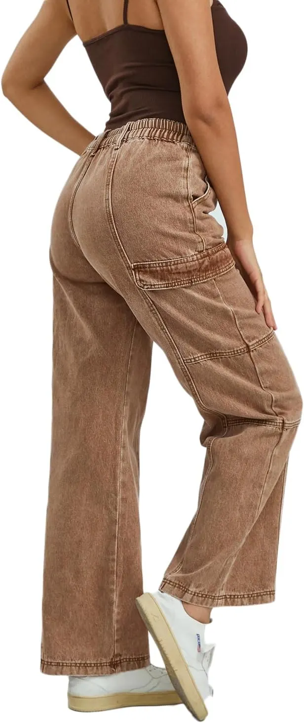 Womens High Waist Baggy Cargo Jeans Big Flap Pocket Relaxed Fit Straight Wide Leg Y2K Fashion Jeans