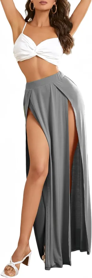 Womens High Waisted Skirt with Slit, Long Maxi Ladies Goth Skirt for Festivel, Party Wear Skirt Solid Grey Small