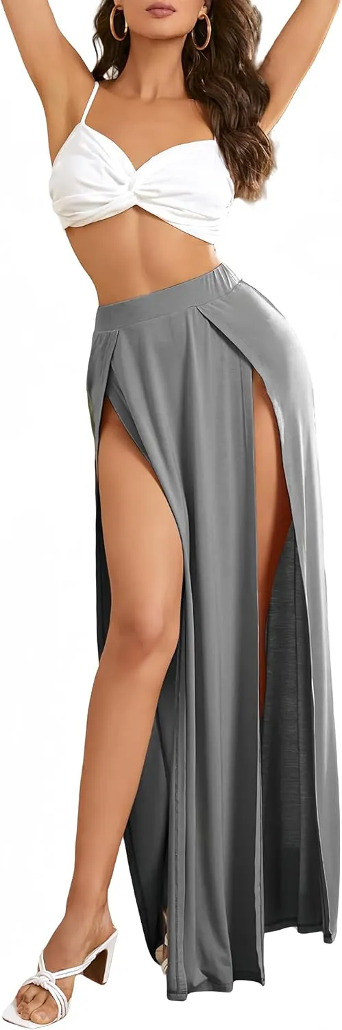 Womens High Waisted Skirt with Slit, Long Maxi Ladies Goth Skirt for Festivel, Party Wear Skirt Solid Grey Small