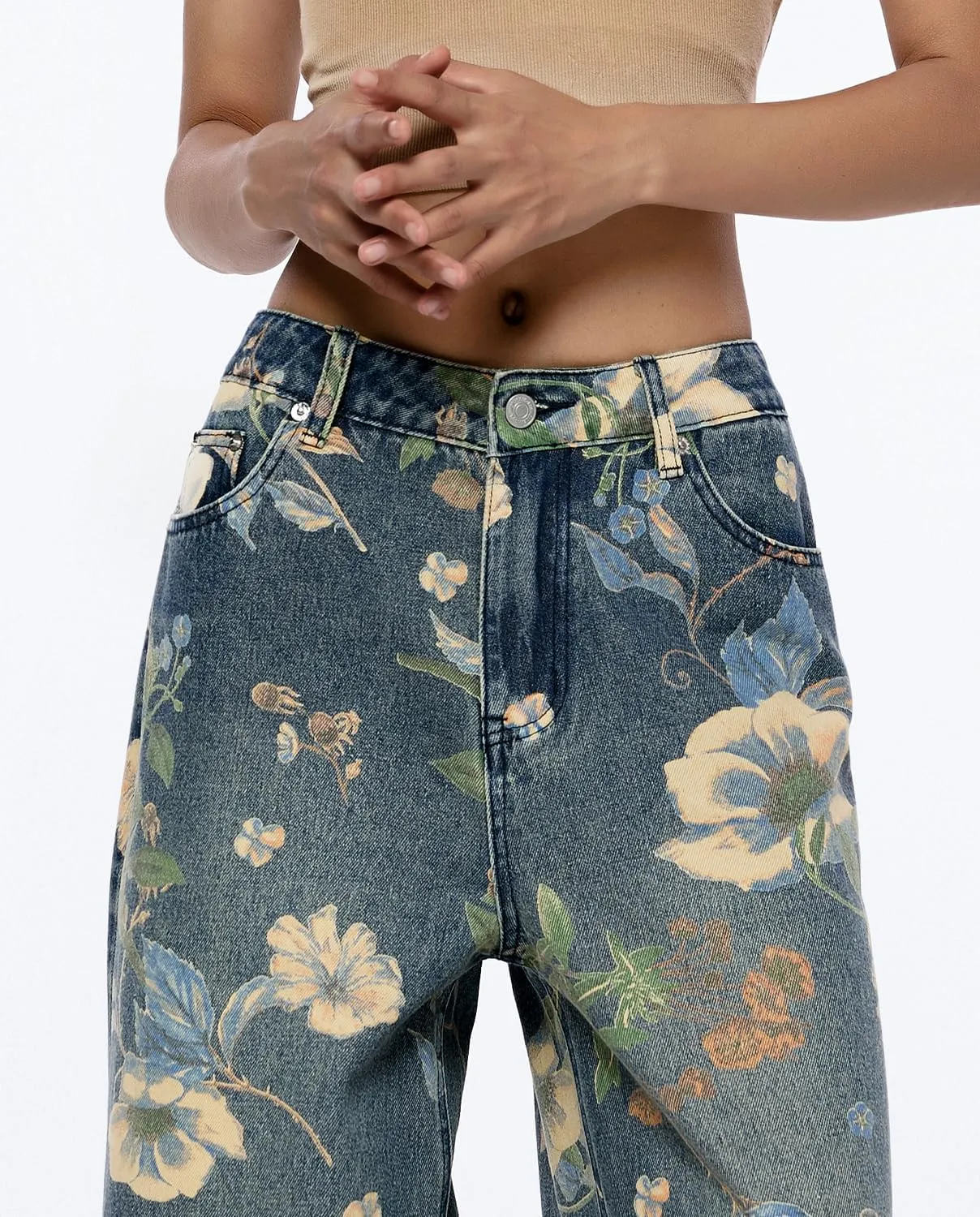 Women's High Waisted Wide Leg Jeans Flower Printed Straight Leg Baggy Jeans High Rise Loose Boyfriend Denim Pants