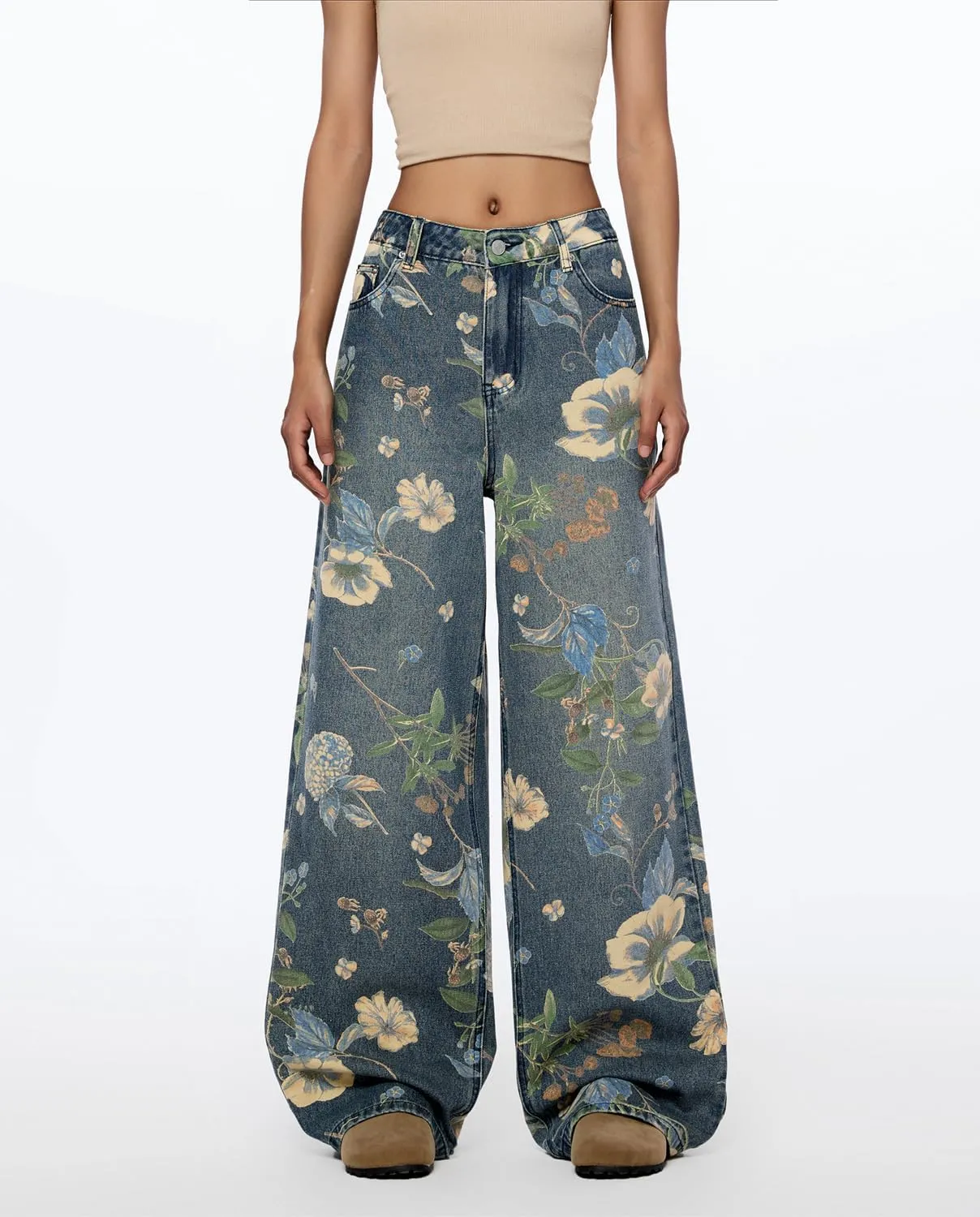 Women's High Waisted Wide Leg Jeans Flower Printed Straight Leg Baggy Jeans High Rise Loose Boyfriend Denim Pants