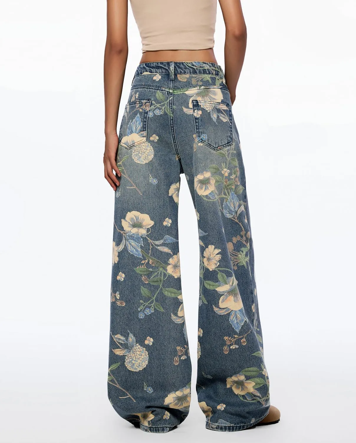 Women's High Waisted Wide Leg Jeans Flower Printed Straight Leg Baggy Jeans High Rise Loose Boyfriend Denim Pants