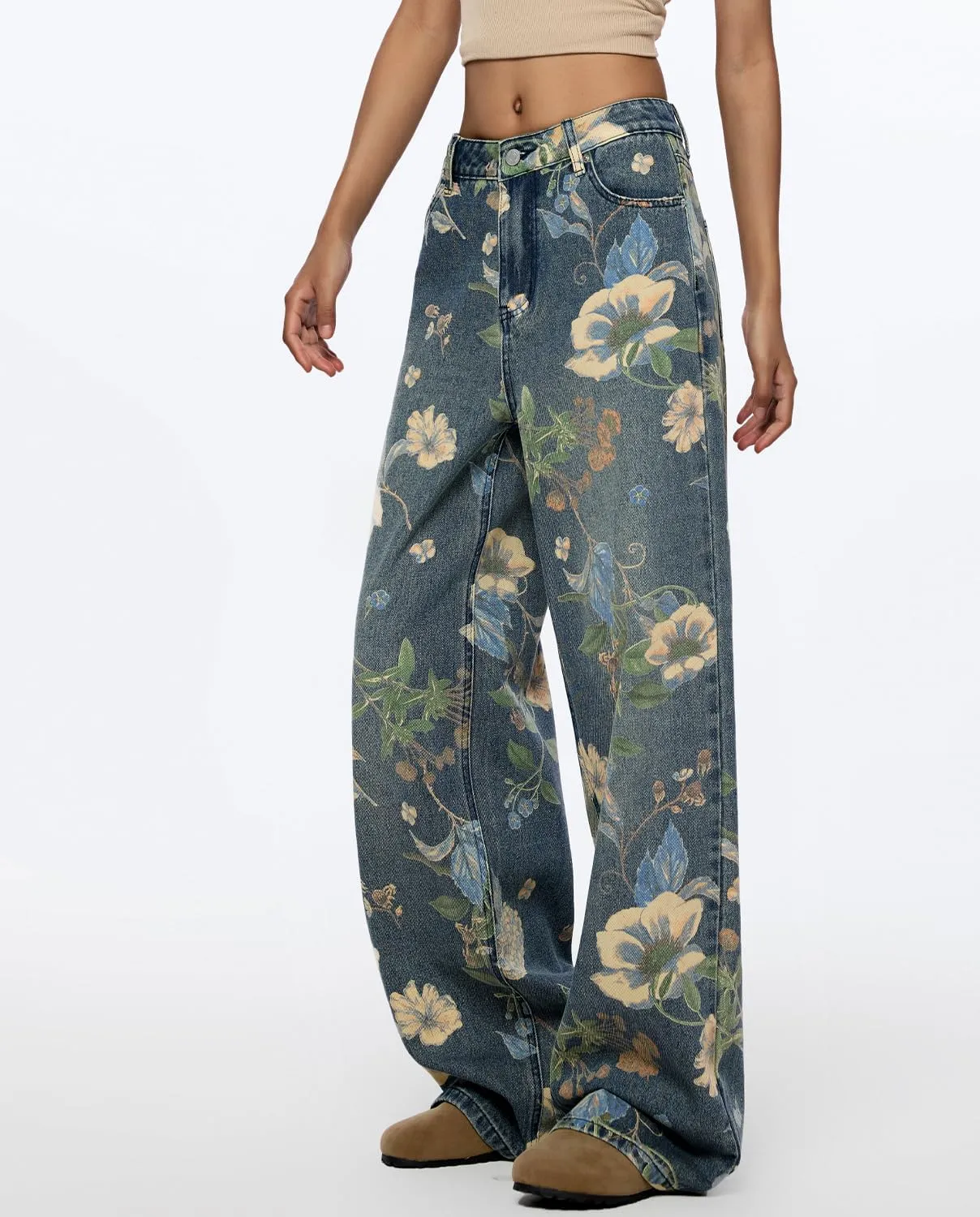 Women's High Waisted Wide Leg Jeans Flower Printed Straight Leg Baggy Jeans High Rise Loose Boyfriend Denim Pants
