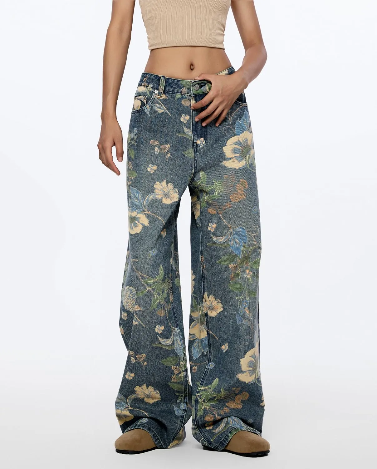 Women's High Waisted Wide Leg Jeans Flower Printed Straight Leg Baggy Jeans High Rise Loose Boyfriend Denim Pants