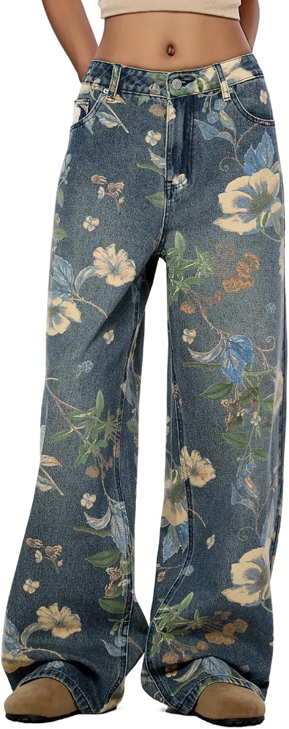 Women's High Waisted Wide Leg Jeans Flower Printed Straight Leg Baggy Jeans High Rise Loose Boyfriend Denim Pants