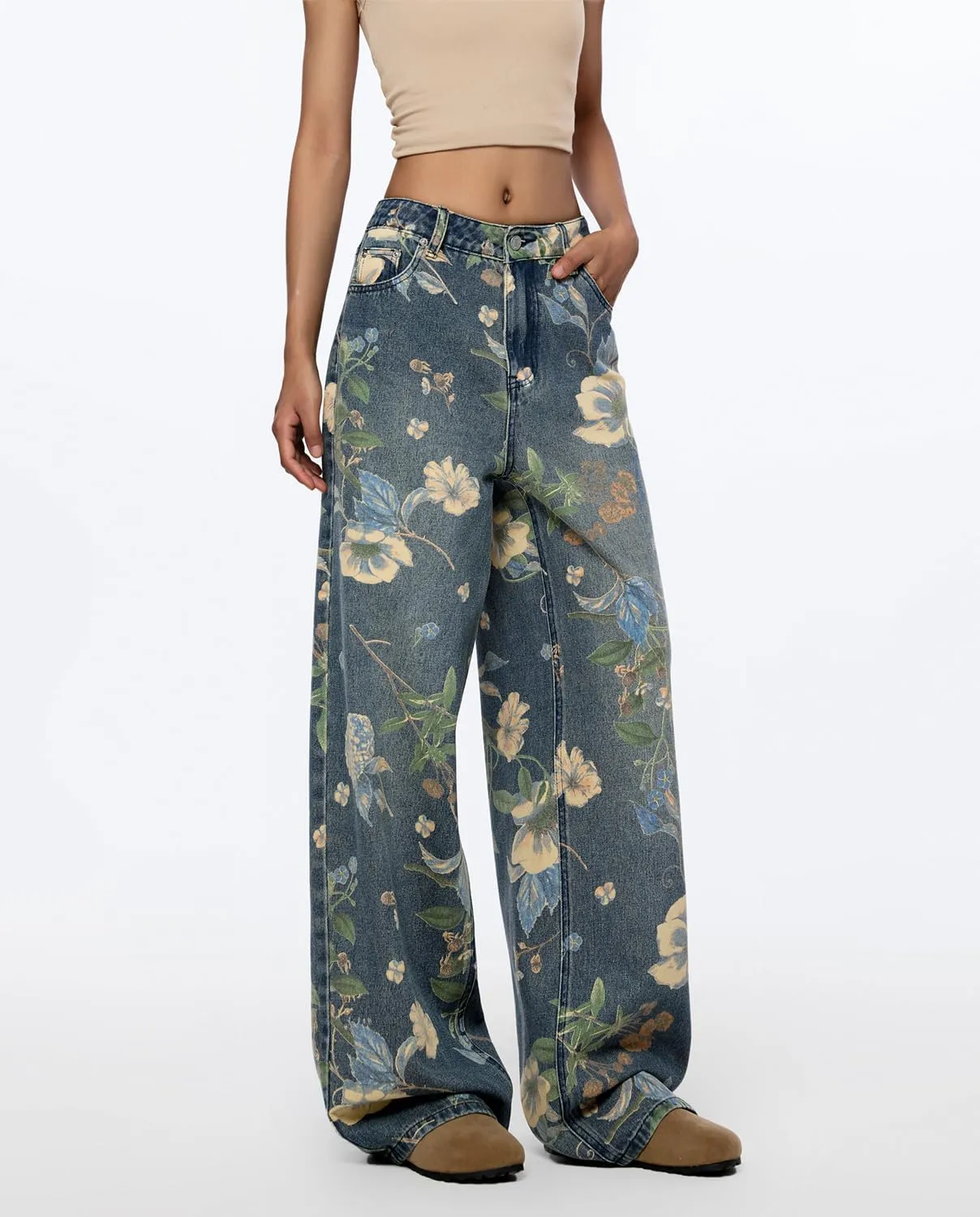 Women's High Waisted Wide Leg Jeans Flower Printed Straight Leg Baggy Jeans High Rise Loose Boyfriend Denim Pants