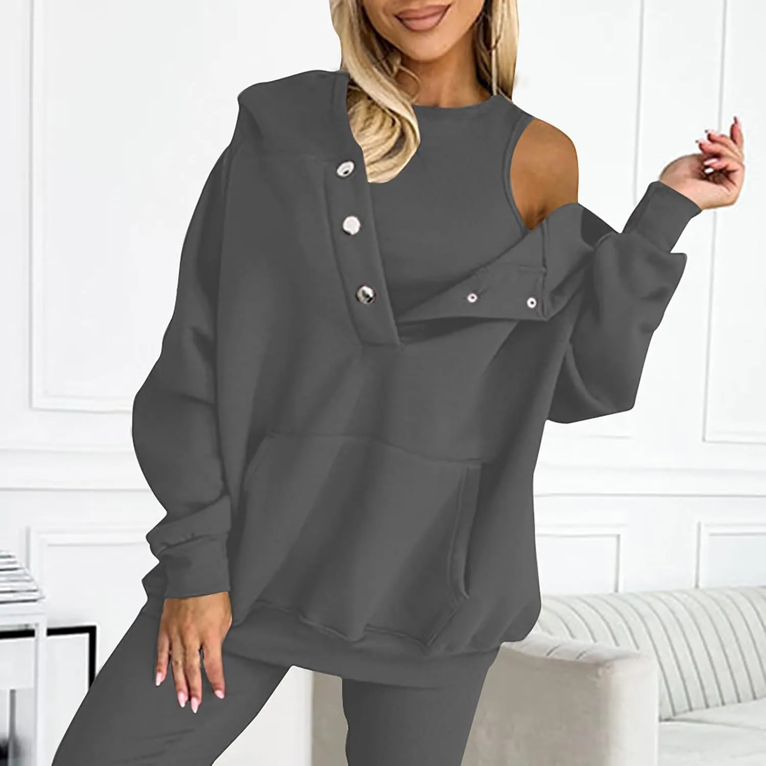 Women's Hoodies Pullover Button Down Oversized Sweatshirts Long Sleeve Pullove Tops 2024 Fall Fashion Streetwear