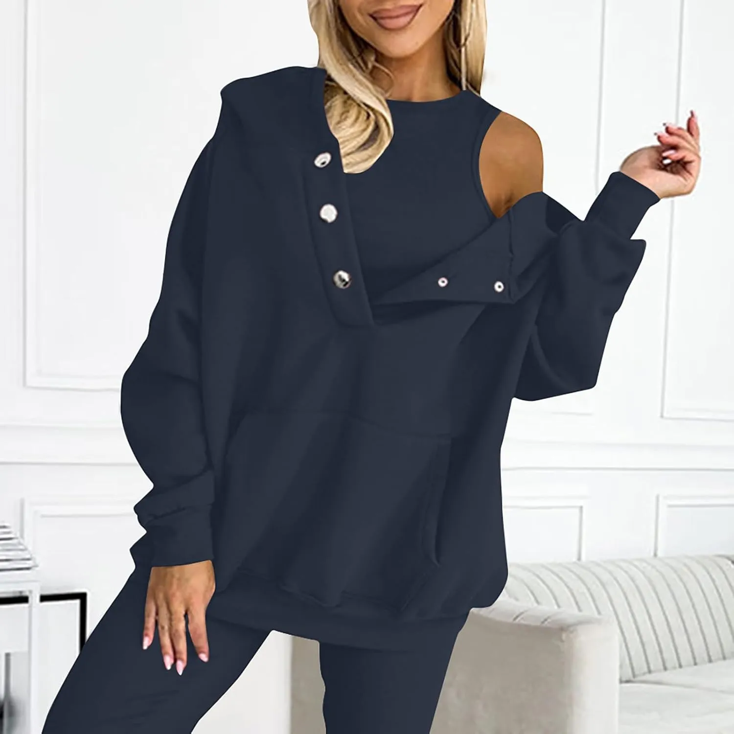 Women's Hoodies Pullover Button Down Oversized Sweatshirts Long Sleeve Pullove Tops 2024 Fall Fashion Streetwear