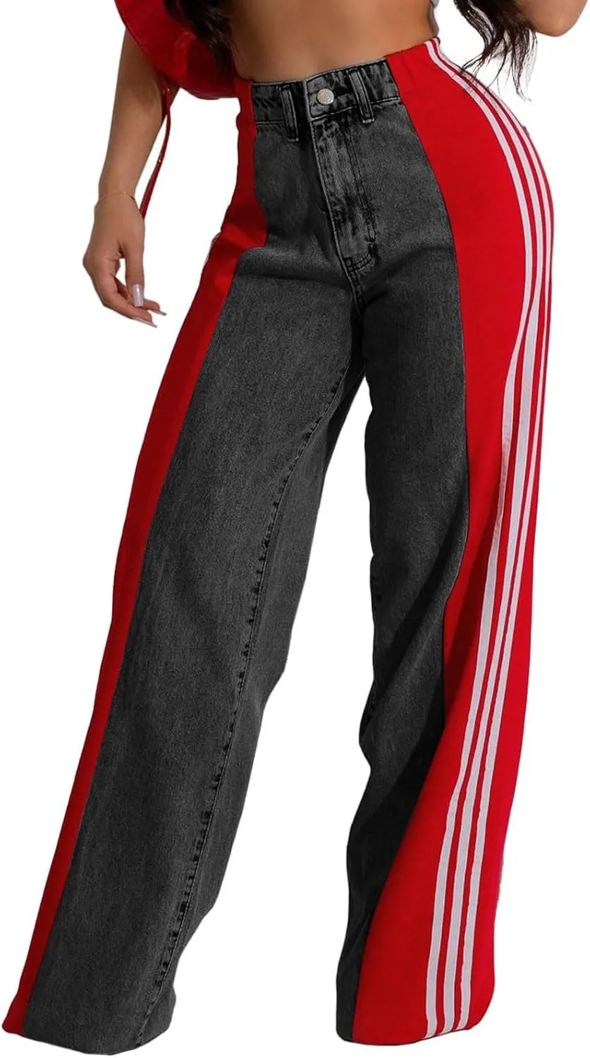 Womens Jeans High Waisted Wide Leg Striped Patchwork Color Block Stretchy Loose Straight Denim Pants