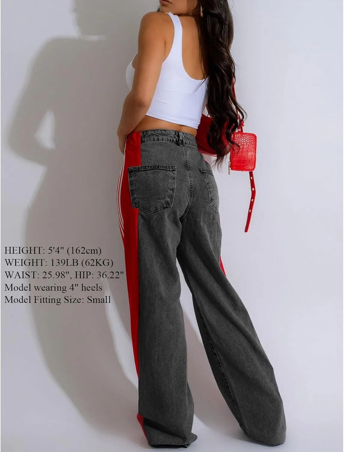 Womens Jeans High Waisted Wide Leg Striped Patchwork Color Block Stretchy Loose Straight Denim Pants