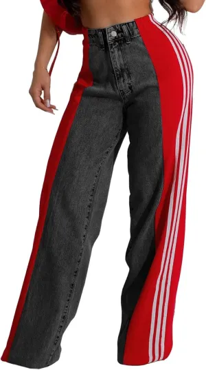 Womens Jeans High Waisted Wide Leg Striped Patchwork Color Block Stretchy Loose Straight Denim Pants