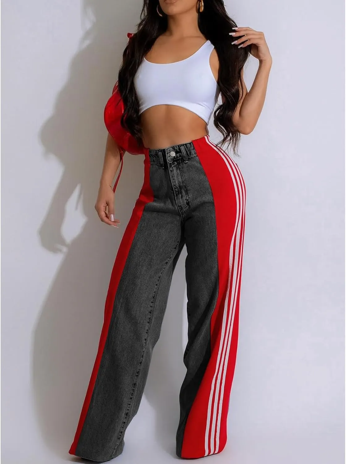 Womens Jeans High Waisted Wide Leg Striped Patchwork Color Block Stretchy Loose Straight Denim Pants