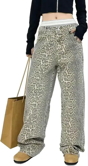 Women's Leopard Print Jeans High Waist Denim Pants Y2K Baggy Casual Streetwear Trousers