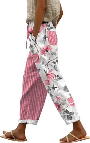 Womens Linen Cotton Pants with Pockets Loose High Waist Wide Leg Lounge Comfy Casual Lightweight Loose Trousers