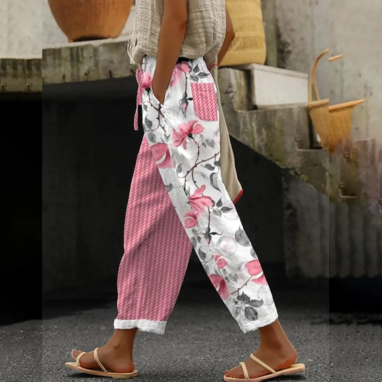 Womens Linen Cotton Pants with Pockets Loose High Waist Wide Leg Lounge Comfy Casual Lightweight Loose Trousers