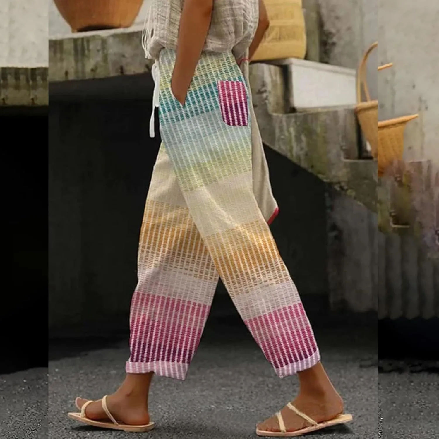 Womens Linen Cotton Pants with Pockets Loose High Waist Wide Leg Lounge Comfy Casual Lightweight Loose Trousers